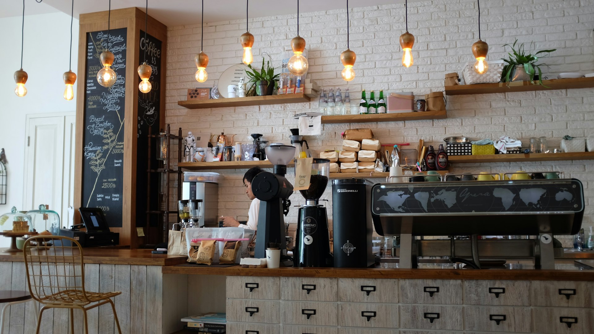 Café interior, morning light